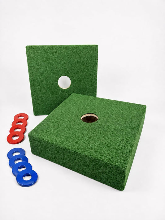 Washer toss boards game starter set with green turf playing surface